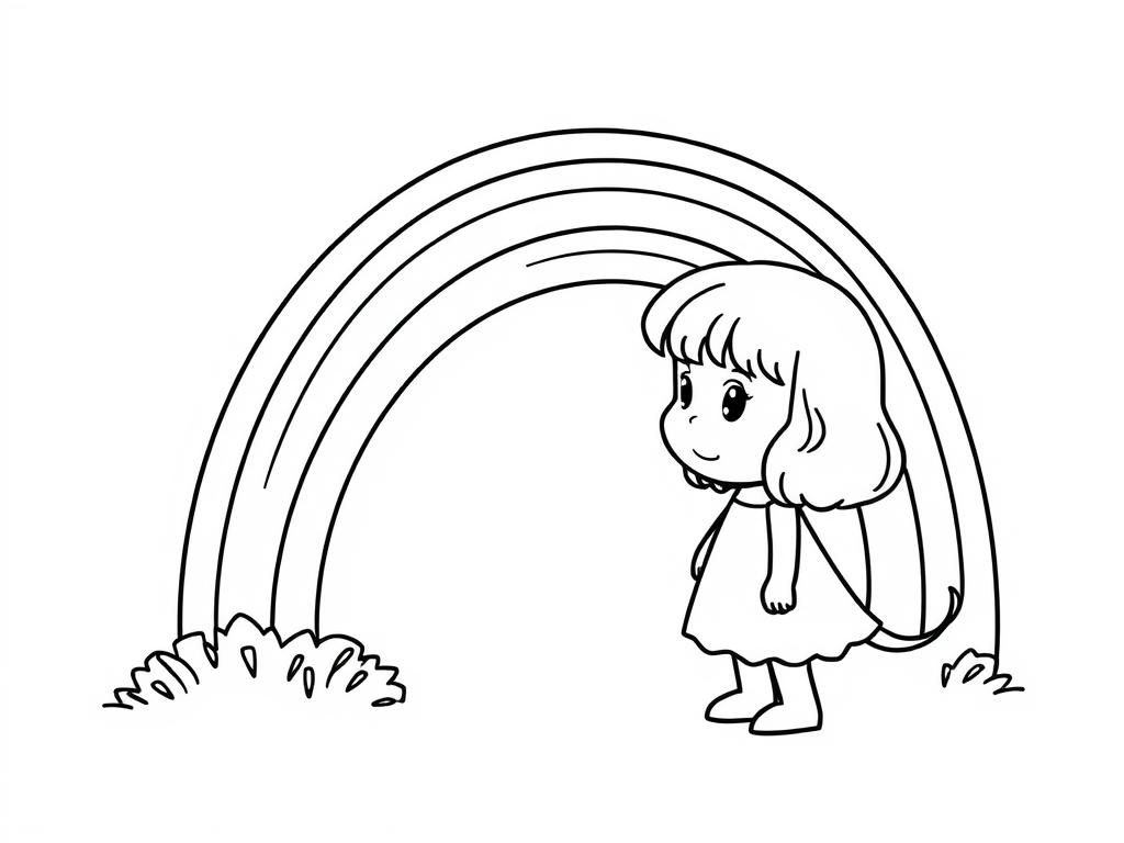 Little Girl Under Rainbow Coloring Page