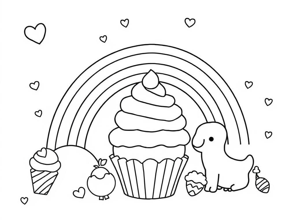 Dinosaur Cupcake Rainbow Coloring Page
