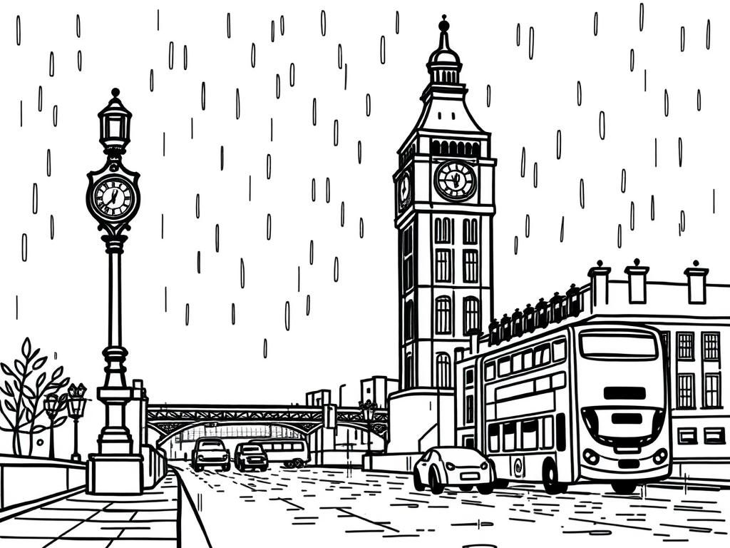 City Street Rainy Day Coloring Page