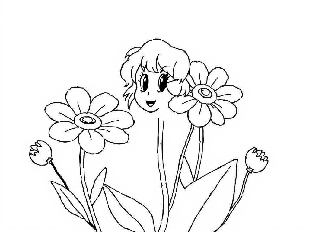 Coloring Page of a Girl with Flowers