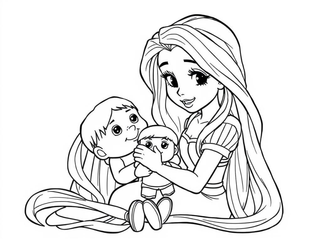 Rapunzel playing with chucky doll - Free Printable Coloring Page
