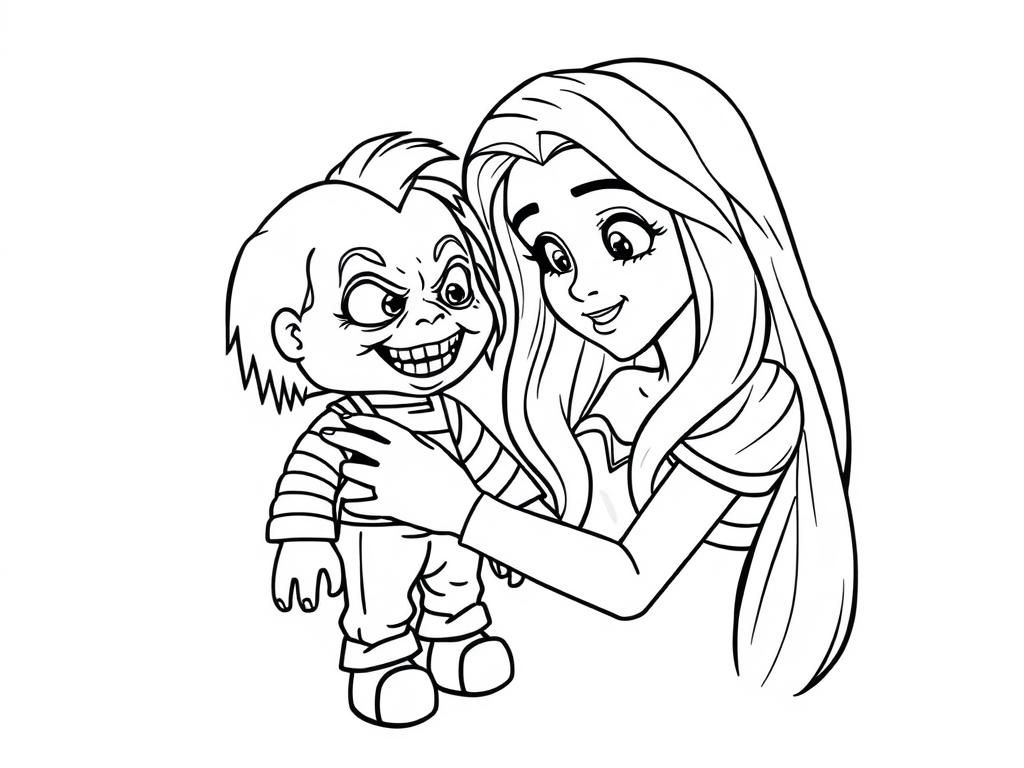Rapunzel playing with scary chucky doll - Free Printable Coloring Page
