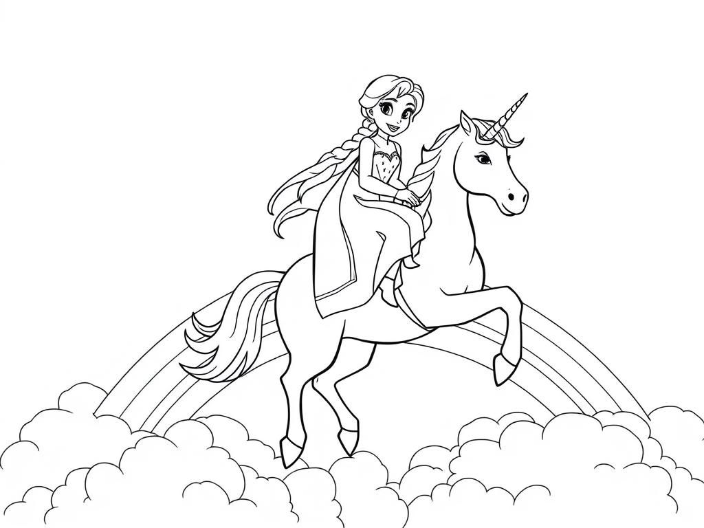 Elsa Riding Unicorn Coloring Page