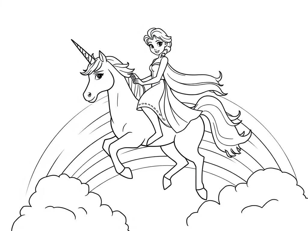 Elsa Riding Unicorn Coloring Page