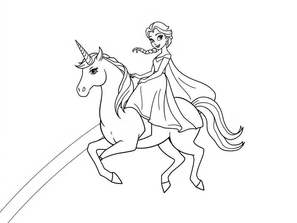 Elsa Rides Unicorn Coloring Page
