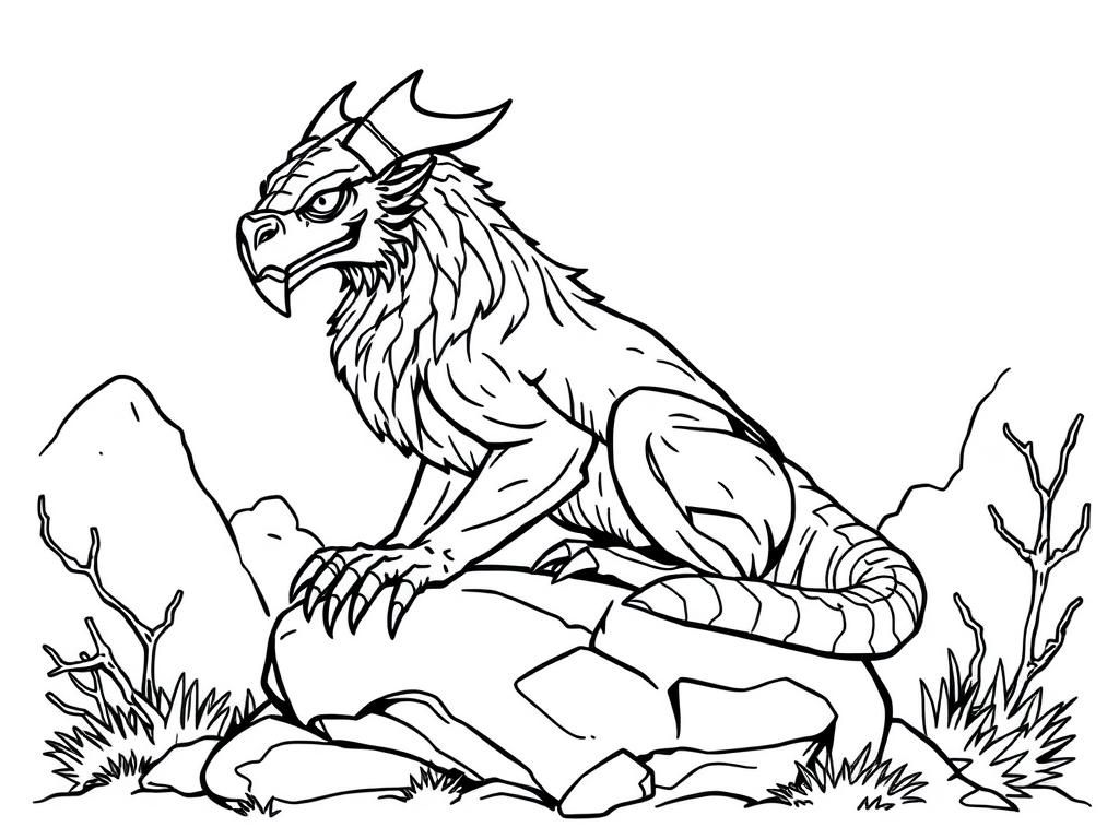 realistic manticore sitting on a rock - Free Printable Coloring Page
