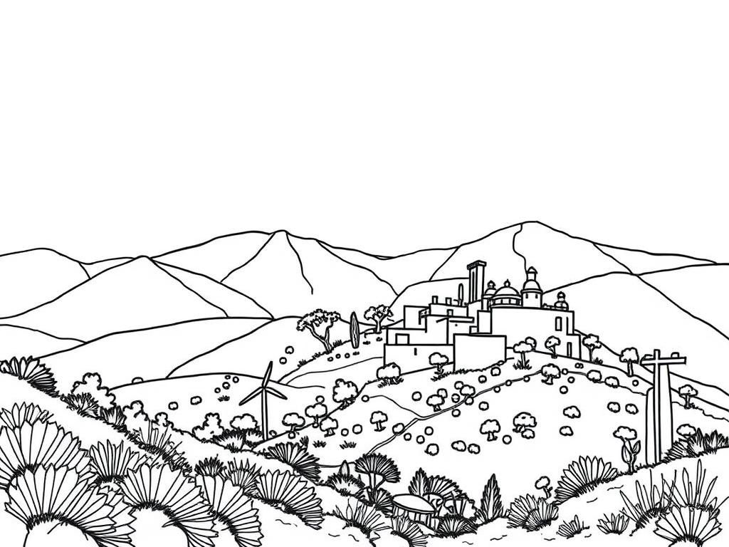 Hillside Village Coloring Page