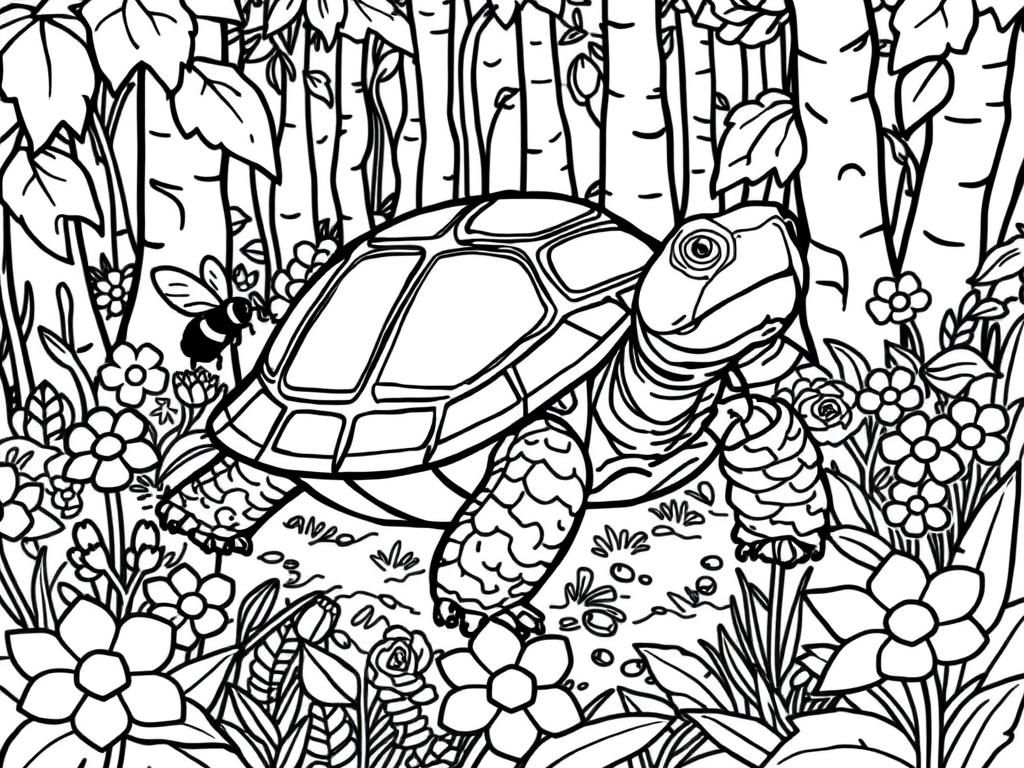 Turtle Coloring Page with Forest Scenery