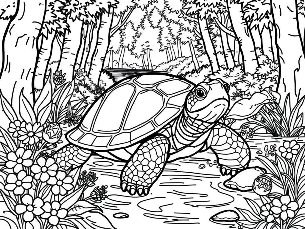 Turtle in Forest Pond Coloring Page