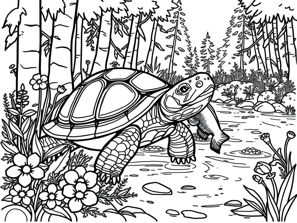 Turtle Forest Stream Coloring Page