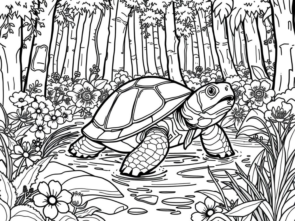 Turtle in Forest Pond Coloring Page