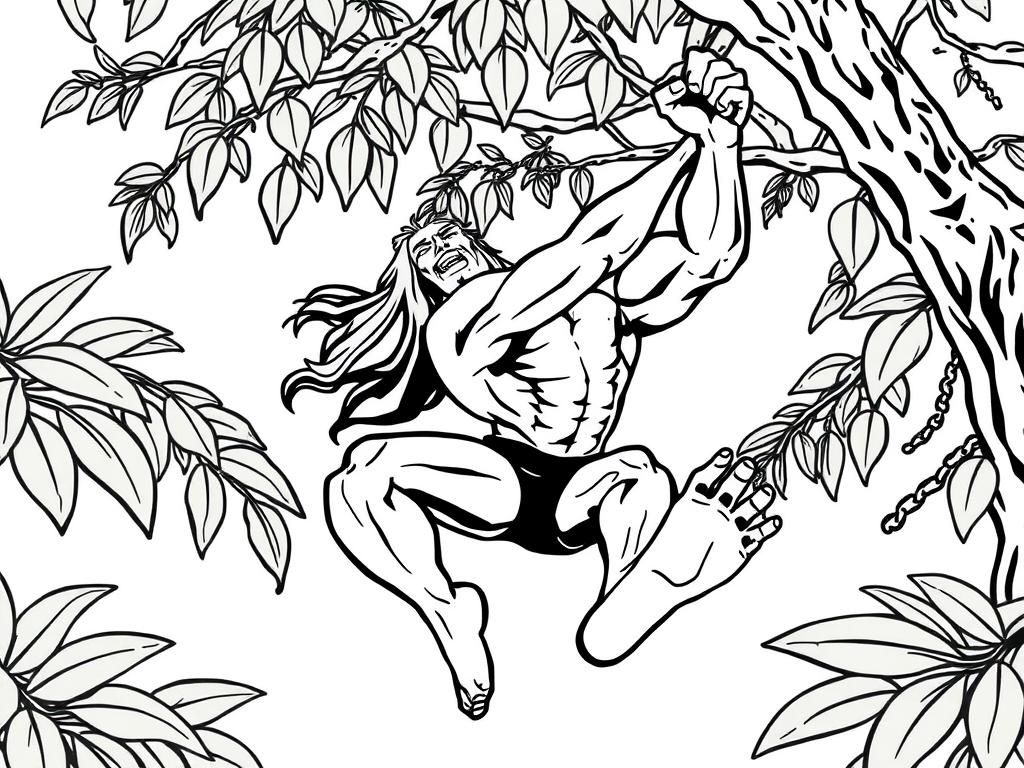 really strong muscular tarzan swinging in the trees