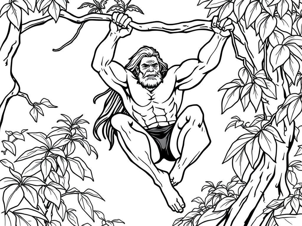 really strong muscular tarzan swinging in the trees