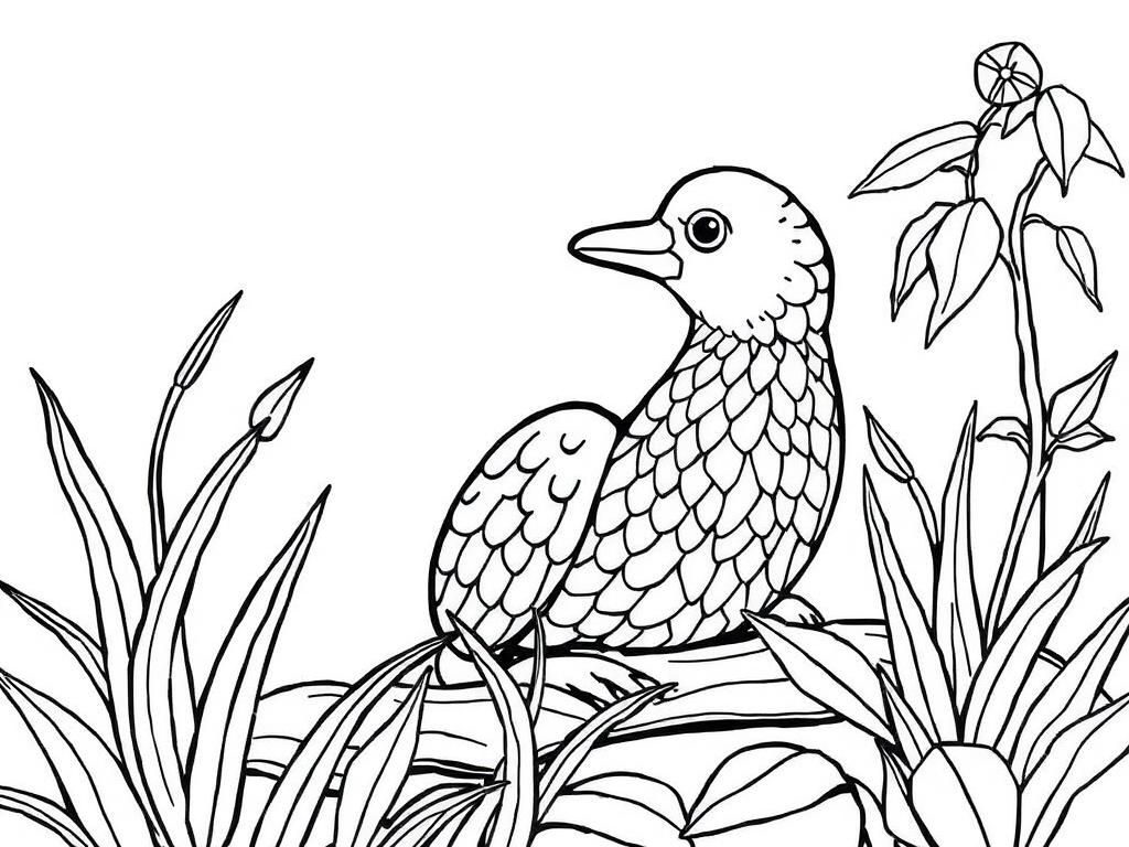Coloring Page of a Bird Among Leaves