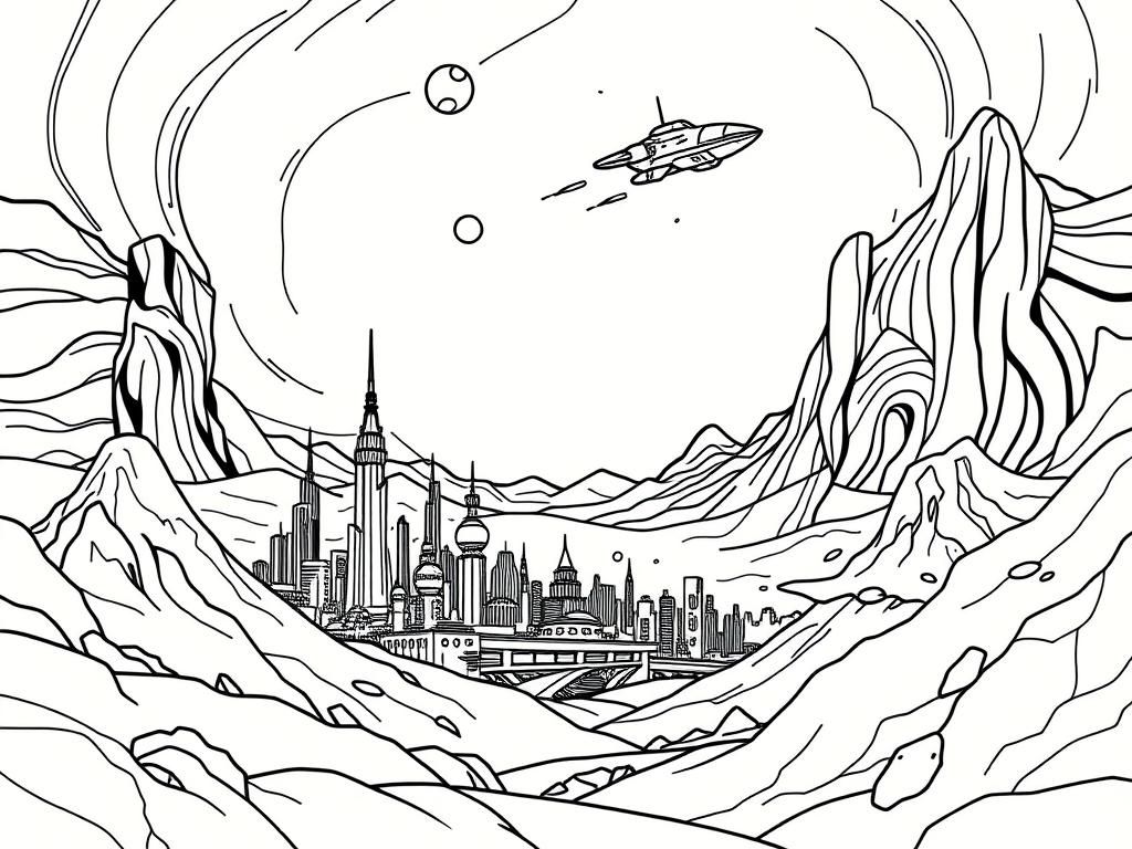 Futuristic City Coloring Page: Mountains and Skyscrapers
