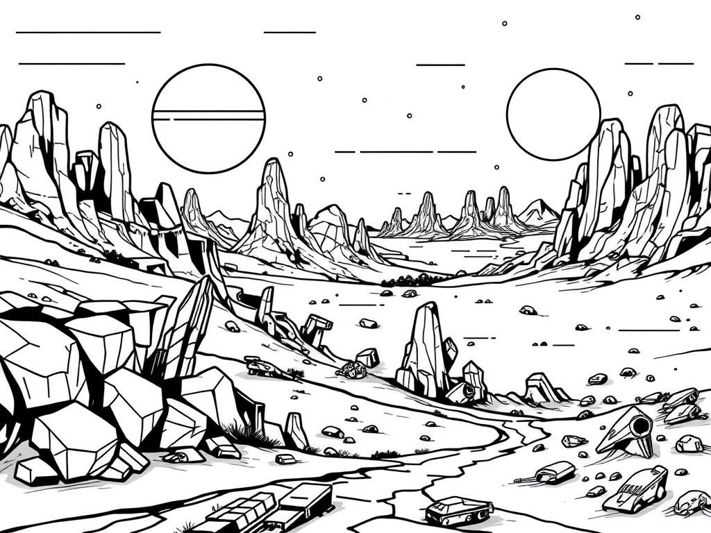 Retro sci-fi landscape - Free Printable Coloring Page