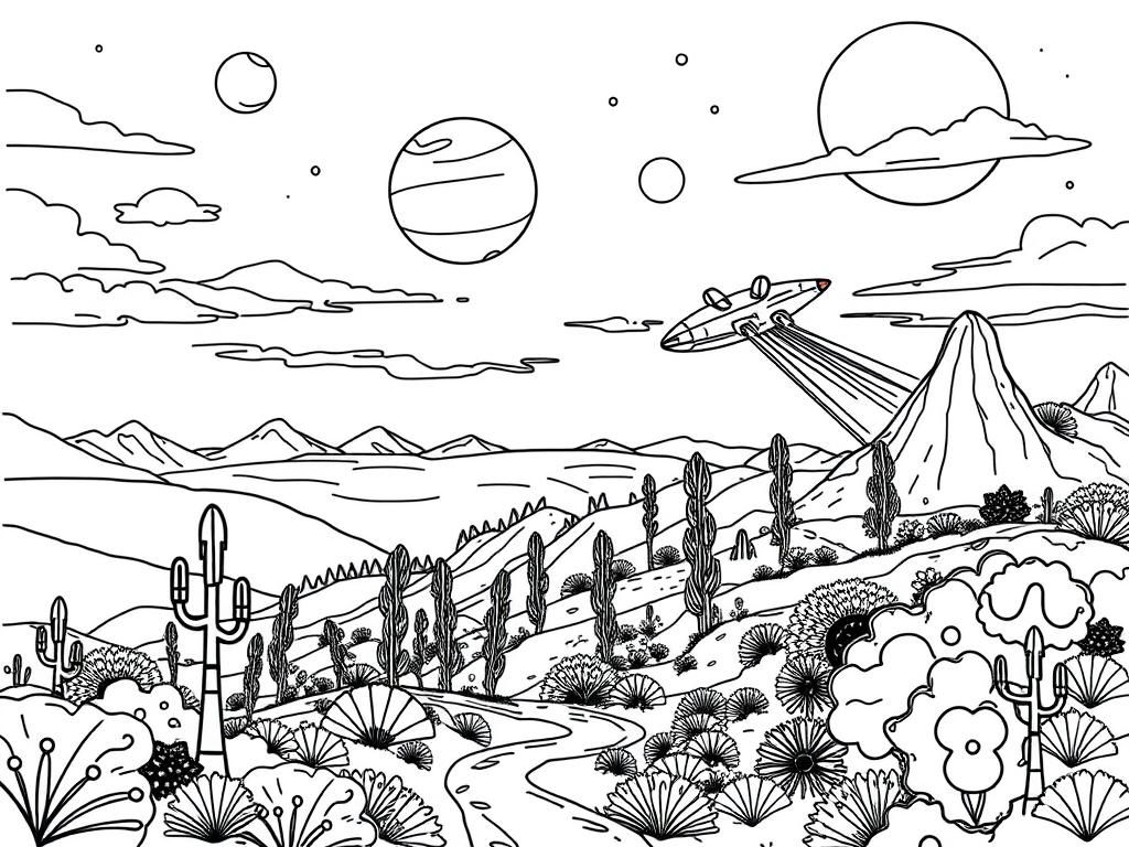 Coloring Page: Desert Landscape with Alien Life and Cacti