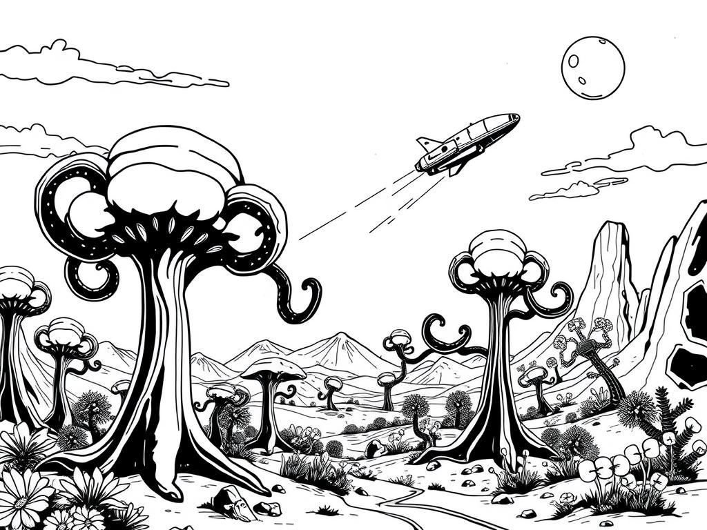 Alien Landscape Coloring Page: Explore a Vibrant World of Fantasy Trees and Plants