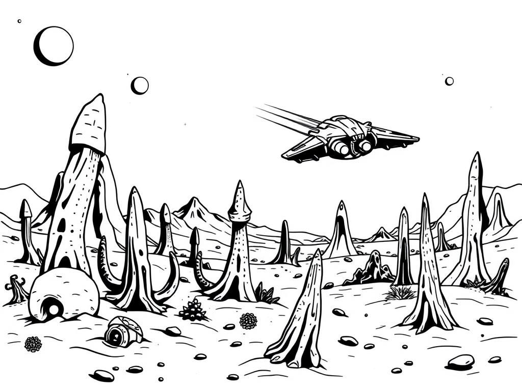 Retro sci-fi landscape with random tentacle plants, and spikes. large fighter ship flying towards the horizon with trails behind the engine. Moons and nebula in the sky - Free Printable Coloring Page