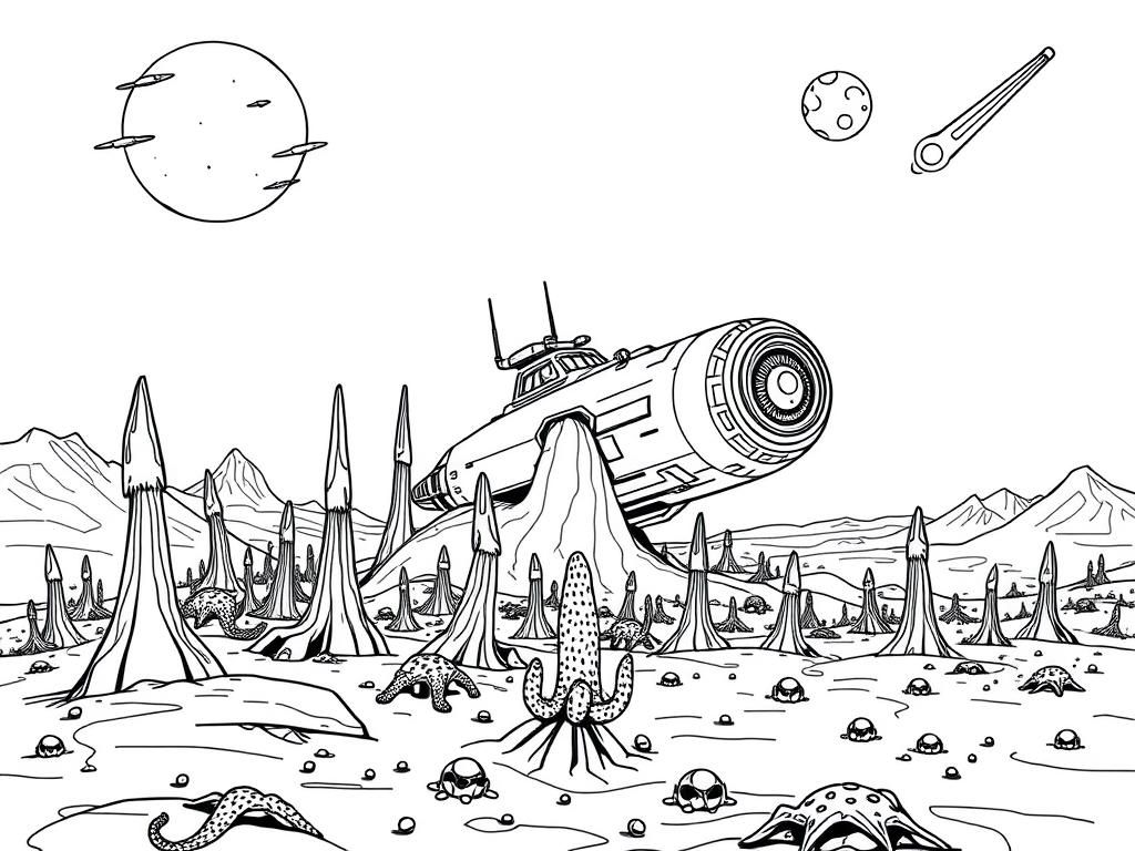 Futuristic Alien Landscape Coloring Page