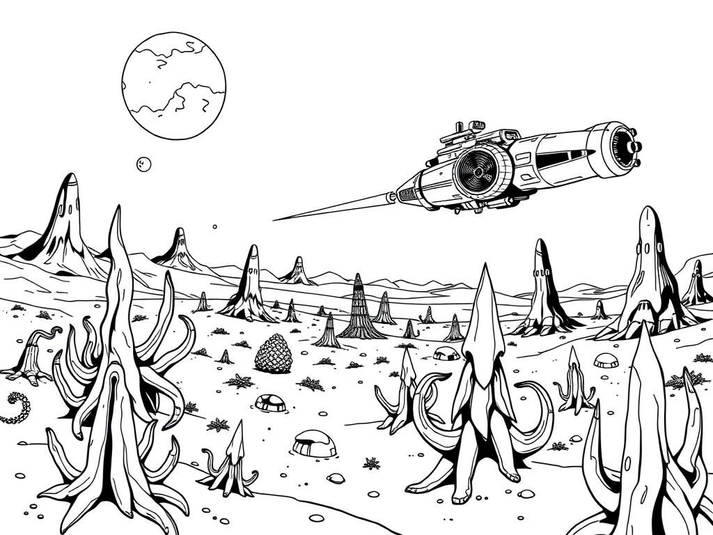 Retro sci-fi landscape with random tentacle plants, and spikes. large ship with big engine flying towards the horizon. Moons and nebula in the sky - Free Printable Coloring Page