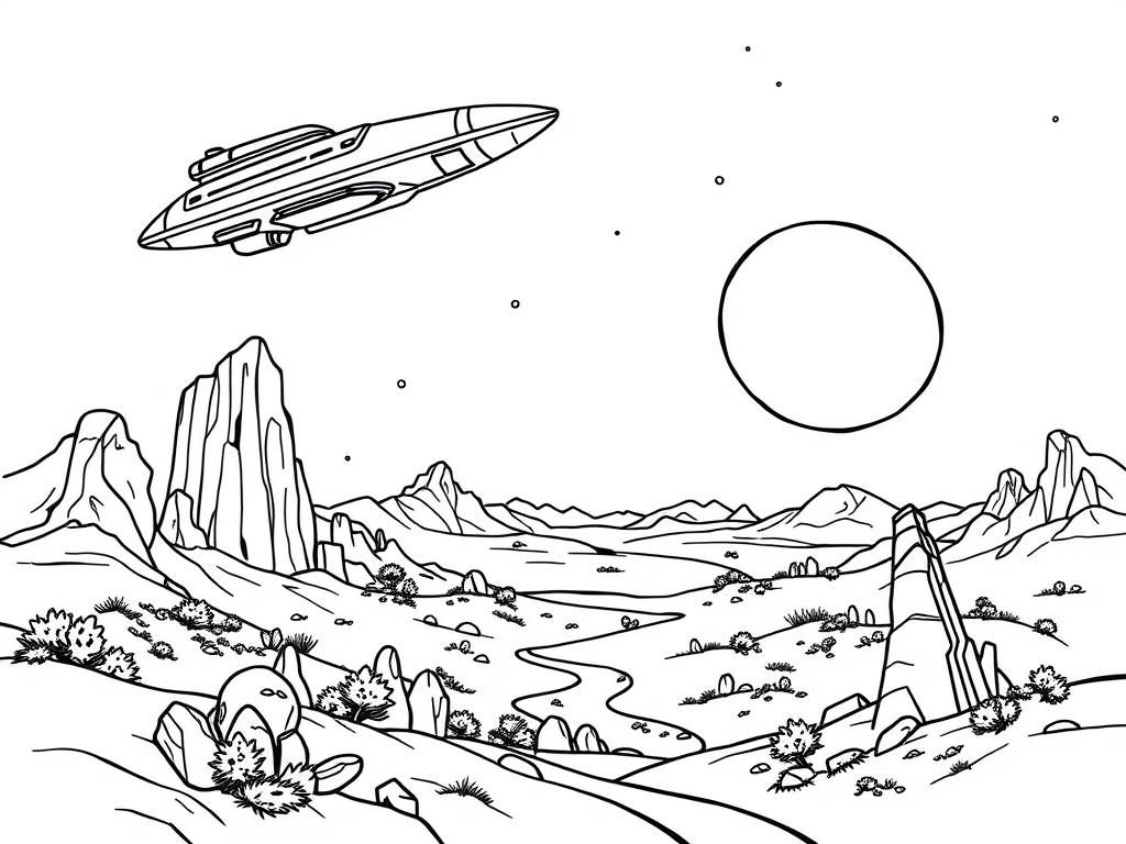 Retro sci-fi landscape with spaceship flying overhead - Free Printable Coloring Page