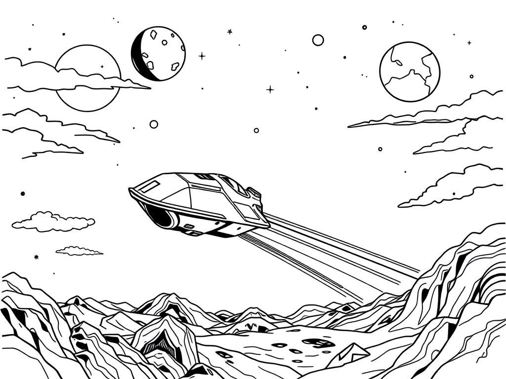 Retro sci-fi  planet. medium sized Space ship taking off into the horizon with trails from engine. Moons planets and clouds in the sky - Free Printable Coloring Page