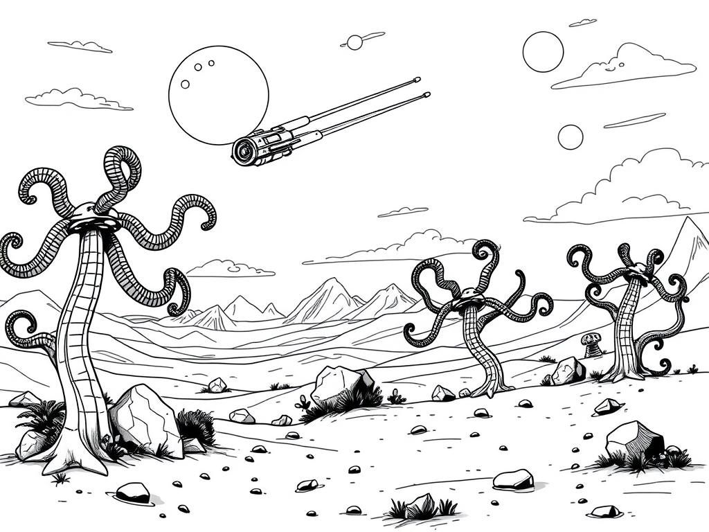 Alien Desert Coloring Page: Explore the Cosmos