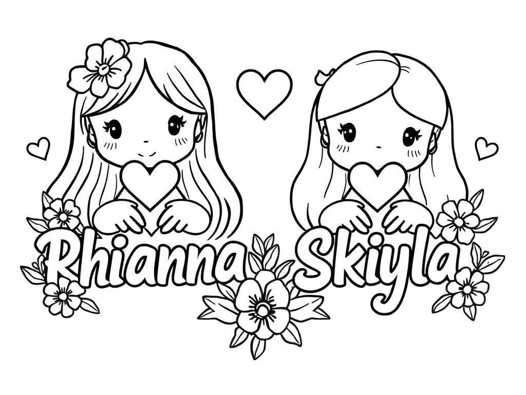 Preview of Rhianna + Skyla with hearts and flowers around names