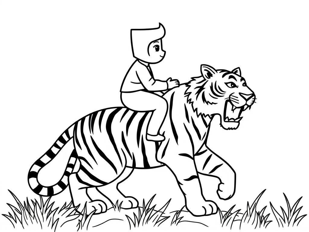 Boy Riding Tiger Coloring Page