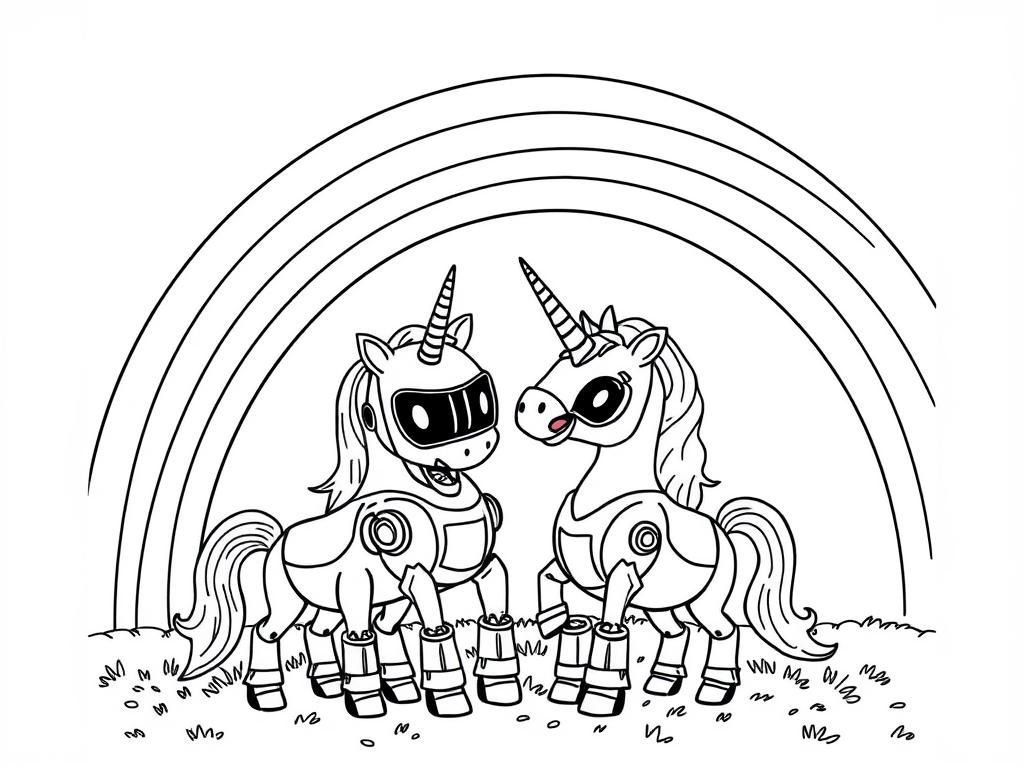 robot unicorns hanging out under a rainbow