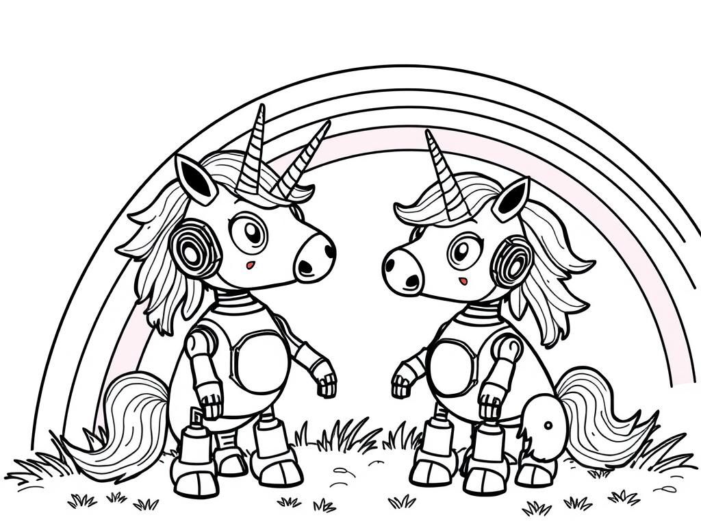 robot unicorns hanging out under a rainbow