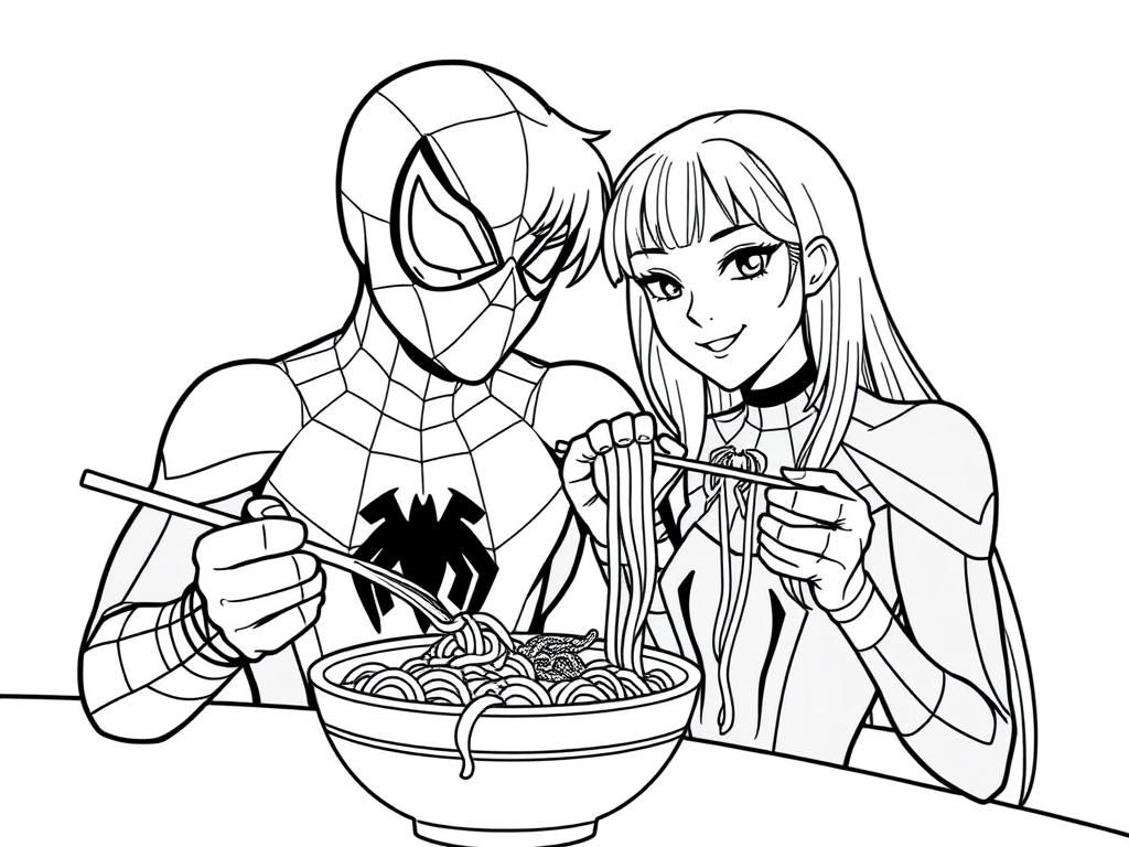Spider-Man and Friend Eating Noodles Coloring Page