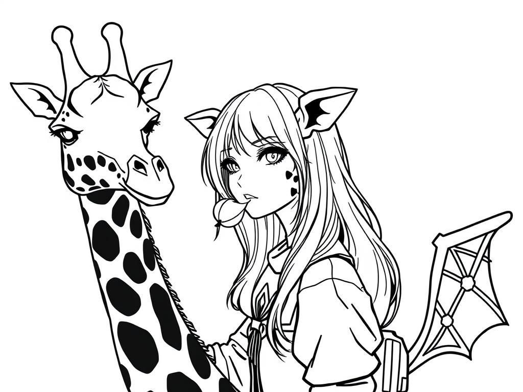 Anime Girl with Giraffe Coloring Page