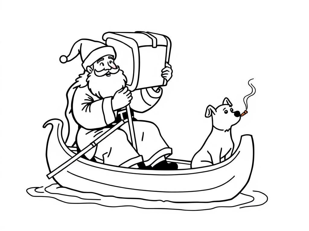 Preview of Saint Nicholas holding a big chair above his head   on large canoe with a small brown dog smoking a cigarette butt  and  looking both at right