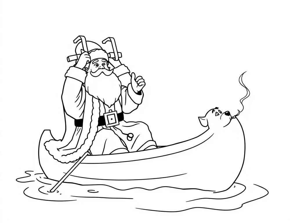 Preview of Saint Nicholas holding a big chair above his head   on large canoe with a small brown dog smoking a cigarette butt  and  looking both at right