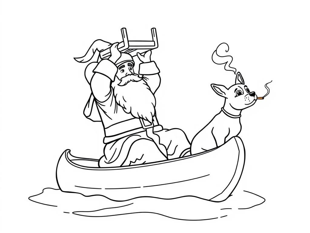 Preview of Saint Nicholas holding a big chair above his head   on large canoe with a small brown dog smoking a cigarette butt  and  looking both at right