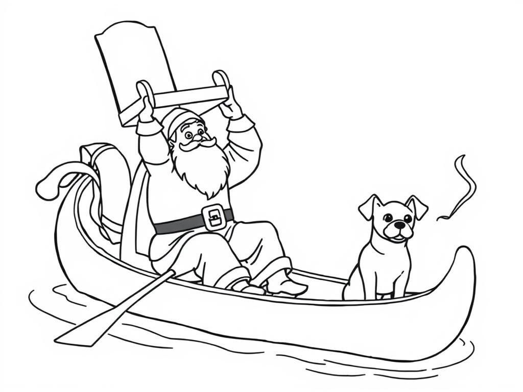 Preview of Saint Nicholas holding a big chair above his head   on large canoe with a small brown dog smoking a cigarette butt  and  looking both at right