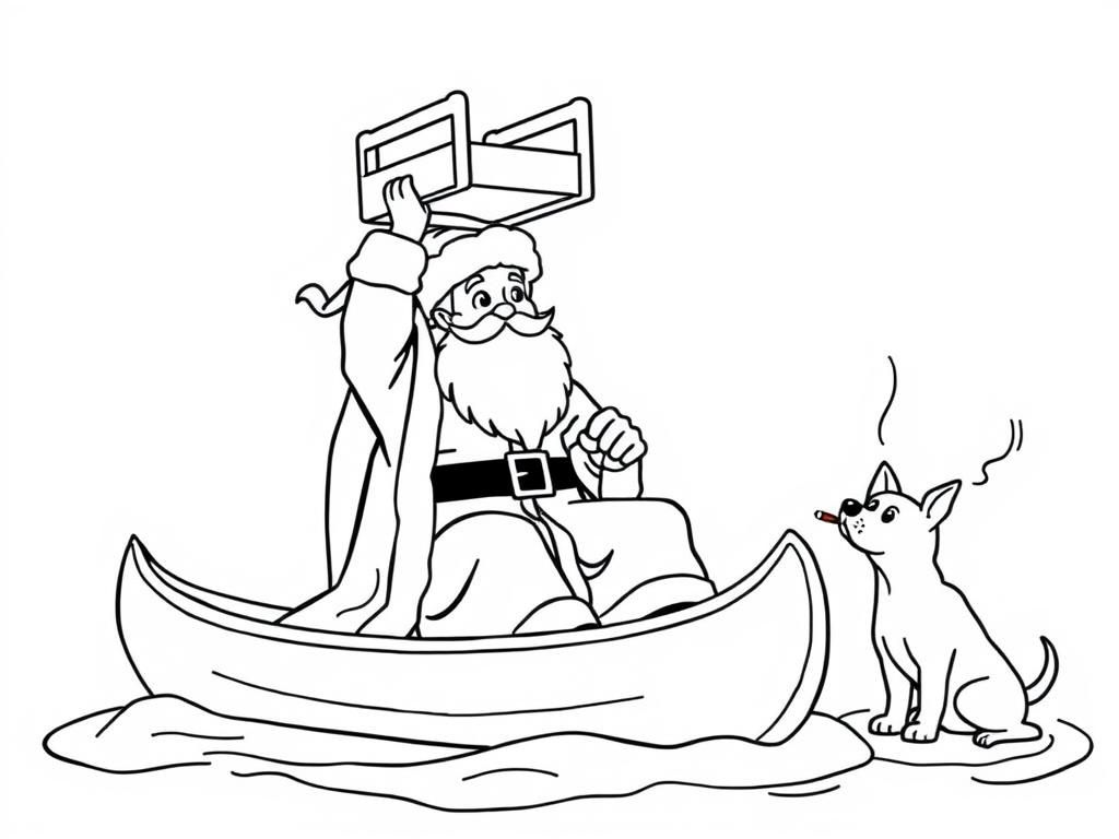 Saint Nicholas holding a big chair above his head   on large canoe with a small brown dog smoking a cigarette butt  and  looking both at right