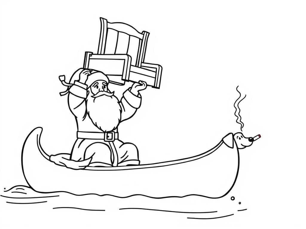 Preview of Saint Nicholas holding a big chair above his head   on large canoe with a small brown dog smoking a cigarette butt  and  looking both at right