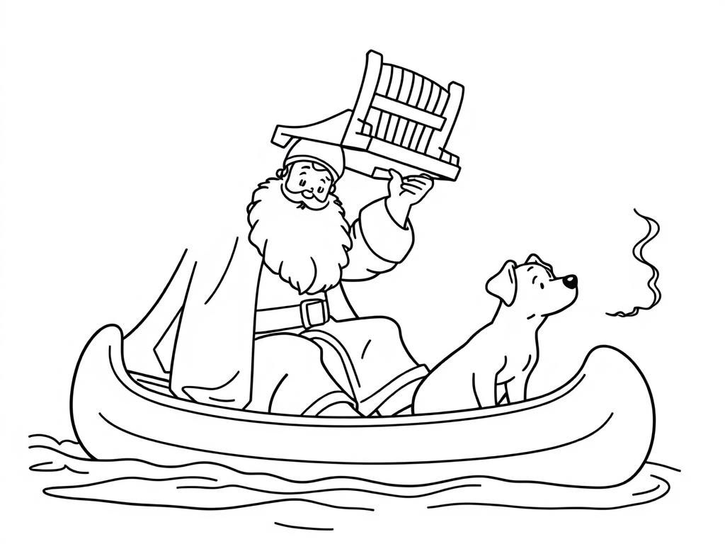 Saint Nicholas holding a big chair above his head   on large canoe with a small brown dog smoking a cigarette butt  and  looking both at right