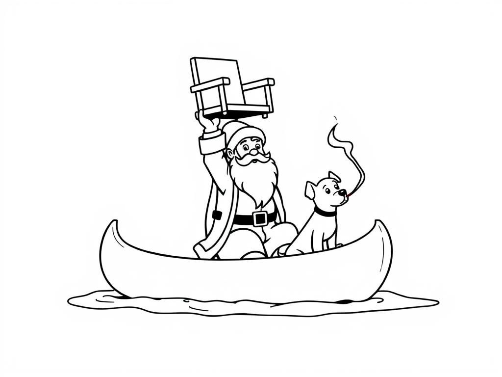 Preview of Saint Nicholas holding a big chair above his head   on large canoe with a small brown dog smoking a cigarette butt  and  looking both at right