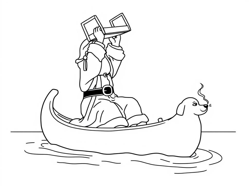 Saint Nicholas holding a chair above his head   on large canoe with a small brown dog smoking a cigarette butt  and  looking both at right