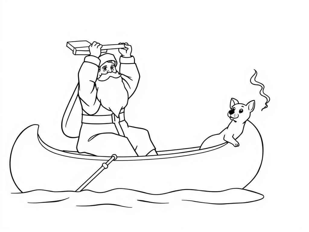 Saint Nicholas holding a chair above his head   on large canoe with a small brown dog smoking a cigarette butt  and  looking both at right