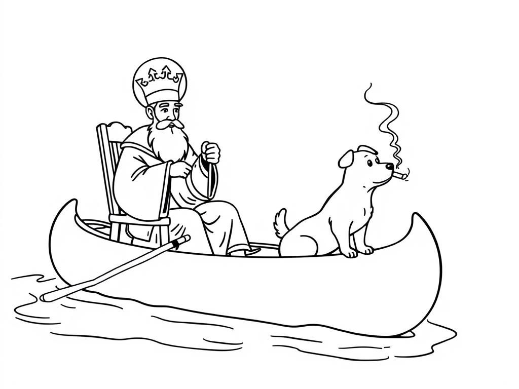 saint nicholas holding a chair   on large canoe with a small brown dog smoking a cigarette butt  and  looking both at right