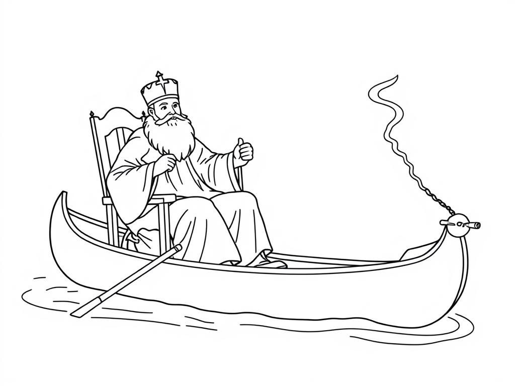 saint nicholas holding a chair   on large canoe with a small brown dog smoking a cigarette butt  and  looking both at right