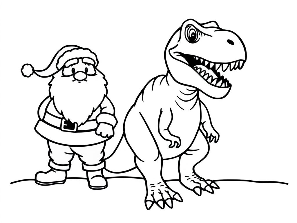 Santa and T-Rex Coloring Page
