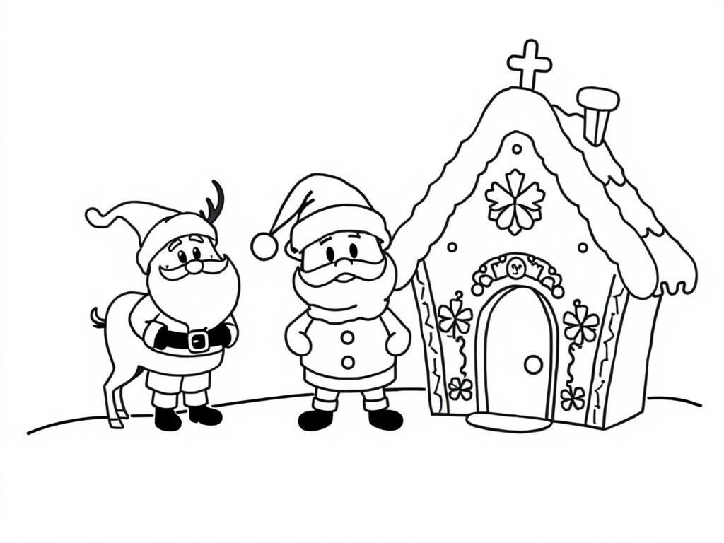 Santa and Friend by Gingerbread House Coloring Page
