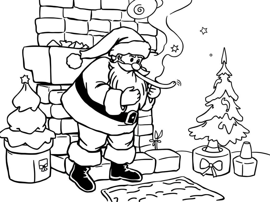 Santa Claus Coming Down Chimney Coloring Page