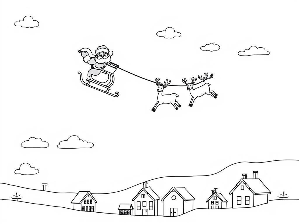 Preview of Santa flying with his sled and four reindeers  with clouds in the sky and houses on the ground